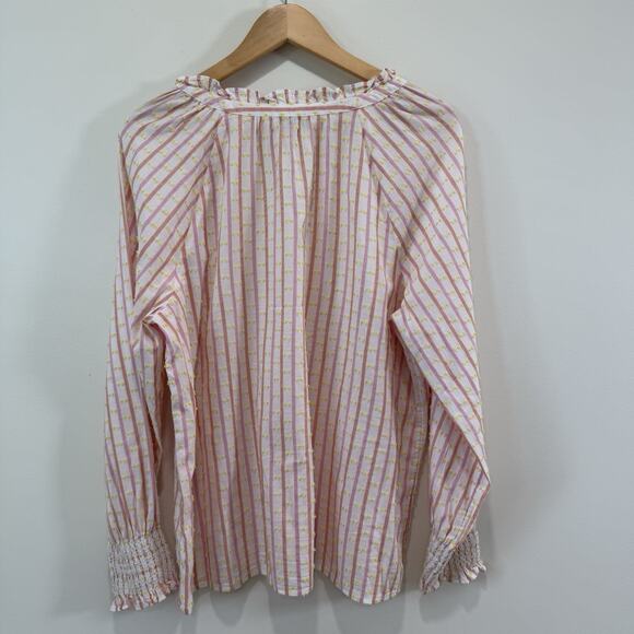 Talbots Jacquard Stripe Smocked Cuff Swiss Dot Blouse Size L Pink Yellow Cottage - Picture 9 of 9